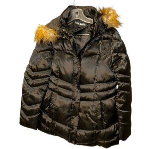 steve madden black quilted puffer faux fur hood jacket M